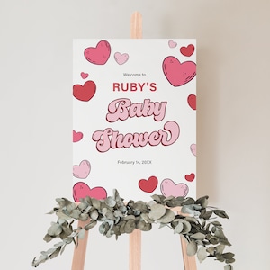 RUBY | Valentine's Day February Hearts Pink Red Retro Girl Birthday Bridal Baby Wedding Welcome Sign Template Digital Download Editable Sign