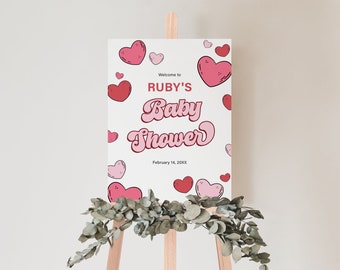 RUBIN | Valentinstag Februar Herzen Rosa Rot Retro Mädchen Geburtstag Braut Baby Hochzeit Willkommensschild Vorlage Digitaler Download Bearbeitbares Zeichen