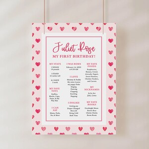 JULIET | First 1st Birthday Milestone Stats Board Sign, Pink Hearts Valentine&#39;s February Girl Template, Instant Digital Download Editable