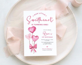 ROSA | Little Sweetheart turning ONE Valentine's Day February Birthday Party Hearts Invitation Template Instant Download Editable Invite