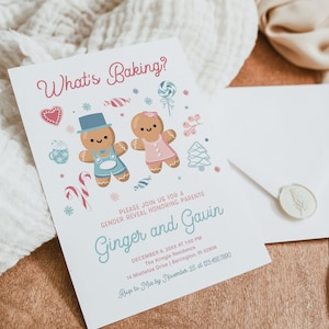 INGWER | Was gibts Backen? Blau rosa Lebkuchen Geschlecht offenbaren Einladung Winter Weihnachten bearbeitbare Vorlage, sofortiger digitaler Download einladen