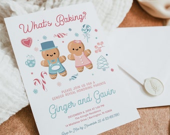 GINGER | What's Baking? Blue Pink Gingerbread Gender Reveal Invitation Winter Christmas Editable Template, Instant Digital Download Invite