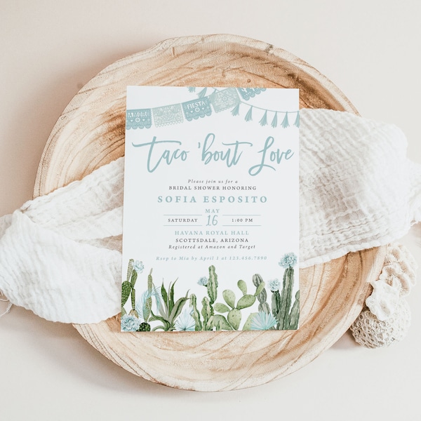 SOFIA | Taco « Bout Love Fiesta Cactus Greenery Blue Floral Bridal Shower Invitation Modèle, téléchargement immédiat modifiable, invitation imprimable