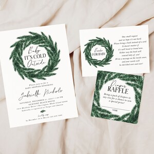 GABRIEL | Greenery Winter Christmas Little Snowflake Baby Shower Invitation, Book Diaper Set Template, Instant Digital Download Editable