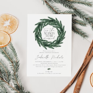 GABRIEL | Tis the Season to be Married Winter Bridal Shower Greenery Invitation Template Instant Digital Download Editable Printable Invite