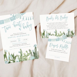 SOFIA | Taco Bout a Baby Cactus Baby Boy Shower Invitation Fiesta Pink Floral Greenery Minimalist Book Diaper Set Digital Download Editable