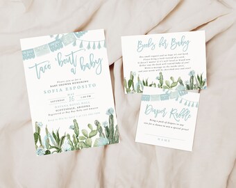 May include: A baby shower invitation with a cactus and floral theme. The invitation is for a baby shower honoring Sofia Esposito on May 16th at 1:00 PM at the Havana Royal Hale in Scottsdale, Arizona. The invitation also includes a "Taco 'bout a Baby" theme and a request for guests to bring books for the baby.