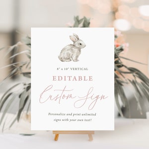 BONNIE | Little Bunny Rabbit, Pink Easter Spring Boy Girl Birthday Party Sign Editable Template Favors Cards Gifts Instant Digital Download