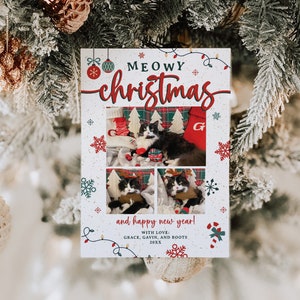 Meowy Christmas Cat Pet Photo Collage Holiday Card Minimalist Family Christmas, DIY Instant Download Editable Printable Template, H048