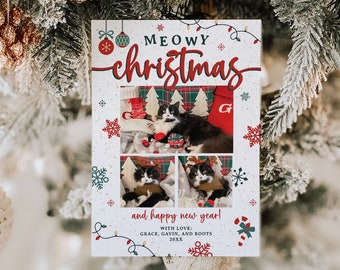 Meowy Christmas Cat Pet Photo Collage Holiday Card Minimalist Family Christmas, DIY Instant Download Editable Printable Template, H048