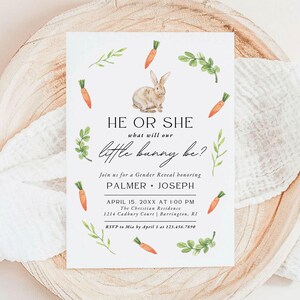 He or She Little Bunny Gender Reveal Party Invitation, Editable Canva Template, Neutral Spring Greenery, Instant Download Invite | PALMER image 1