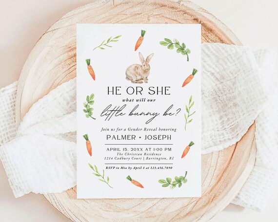 He or She Little Bunny Gender Reveal Party Invitation, Editable Canva Template, Neutral Spring Greenery, Instant Download Invite | PALMER