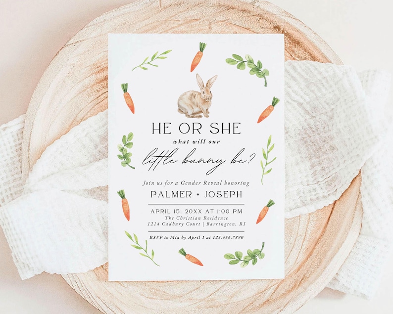 He or She Little Bunny Gender Reveal Party Invitation, Editable Canva Template, Neutral Spring Greenery, Instant Download Invite | PALMER image 1