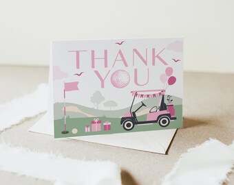 BIRDIE | Golf Hole in One Fore Par Tee Masters Girl Pink Folded Thank You Card Birthday Baby Template Instant Digital Download Editable