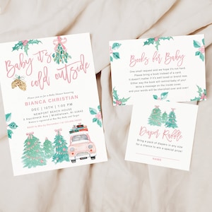 BIANCA | Pastel Pink Winter Christmas Little Snowflake Baby Shower Invitation Book Diaper Set Template Instant Digital Download Editable