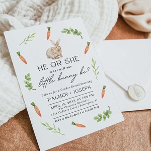 He or She Little Bunny Gender Reveal Party Invitation, Editable Canva Template, Neutral Spring Greenery, Instant Download Invite | PALMER image 6