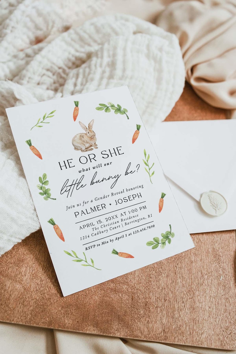 He or She Little Bunny Gender Reveal Party Invitation, Editable Canva Template, Neutral Spring Greenery, Instant Download Invite | PALMER image 6