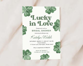 Lucky in Love Brautpartyeinladung, bearbeitbare Canva-Vorlage, St. Patrick's Day, Shamrocks März irisch, Sofort-Download Invite | RORY