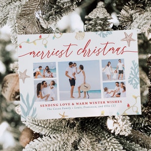 COCOA | Coastal Beach Ocean Multiple Photo Collage Holiday Card Minimalist Family Card DIY Instant Download Editable Printable Template H035