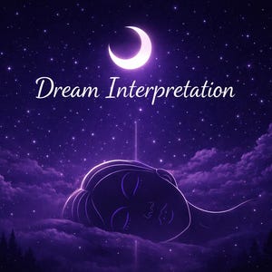 May include: A digital illustration depicting a crescent moon and a starry night sky. The words "Dream Interpretation" are written in white script. A person's face is outlined in white, resting on purple clouds.