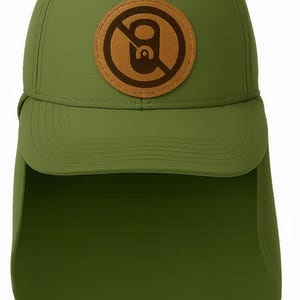 May include: An olive green baseball cap with a neck flap and a circular tan leather patch on the front. The patch features a dark brown graphic of a soda can tab with a diagonal line through it, indicating a no-can symbol on the front panel.