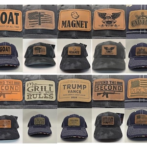 May include: A collection of 12 baseball caps with different embroidered patches. The patches feature various designs, including American flags, a cross, a goat, a grill, a gun, and the words "We the People", "Trump Vance", "My Grill Rules", "Defend the Second", "Captain", "Magnet", and "Goat".