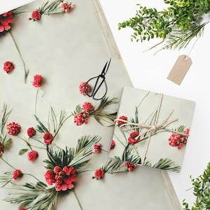 Wrapping Paper - Christmas Floral, Holly Berry, Holiday Wrapping Paper