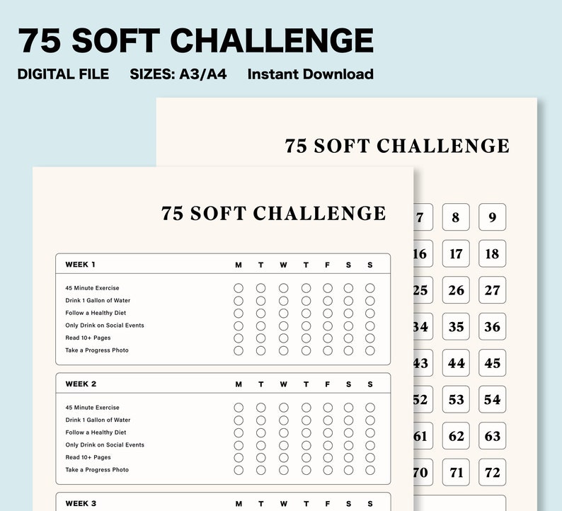 75 Soft Challenge, 75 Soft Challenge Tracker, Daily Habits, Habit Tracker, Digital File, A4/A3 Digital File image 3