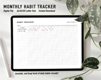 Digital Habit Tracker, Monthly, 30 Day Habit Challenge, Landscape/Printable, A4/A5/US Letter, Habit Tracker Template, Instant Download
