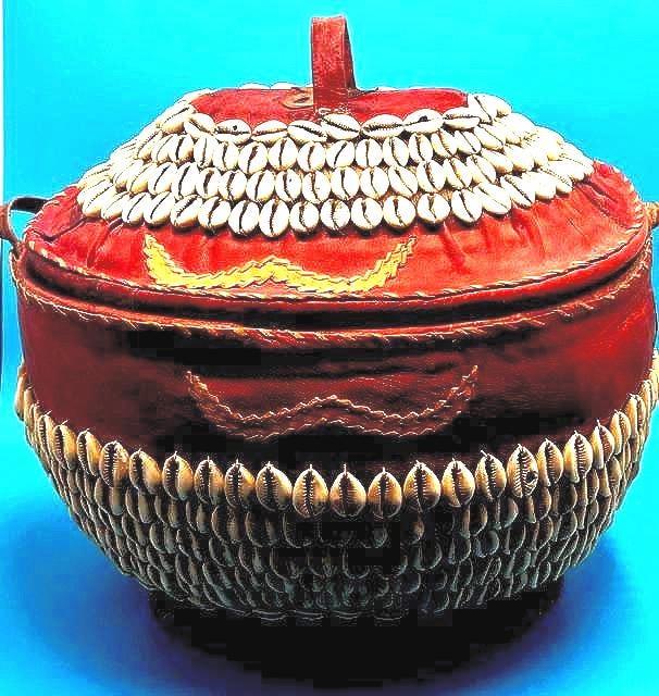 Vintage African Hausa Leather and Cowrie Shell Covered Basket with Strap
