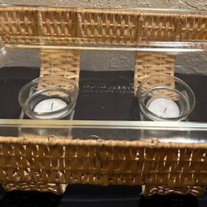 Vintage Clear Pyrex Rectangular Casserole Dish with Wicker Stand & 2 Glass Tea Candle Holder Warmers