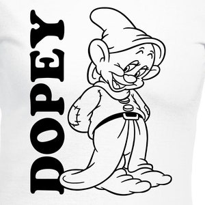 May include: White t-shirt with a black and white illustration of Dopey from Snow White and the Seven Dwarfs. The text "DOPEY" is printed vertically on the left side of the shirt.
