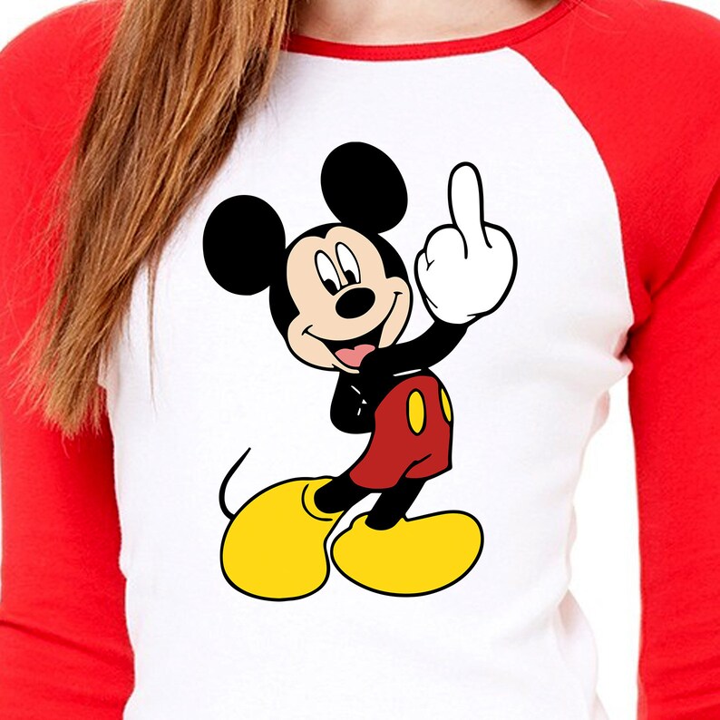 May include: A white and red baseball tee shirt with a cartoon image of Mickey Mouse giving the middle finger.