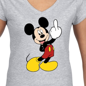 May include: A grey V-neck t-shirt featuring a cartoon image of Mickey Mouse giving the middle finger.