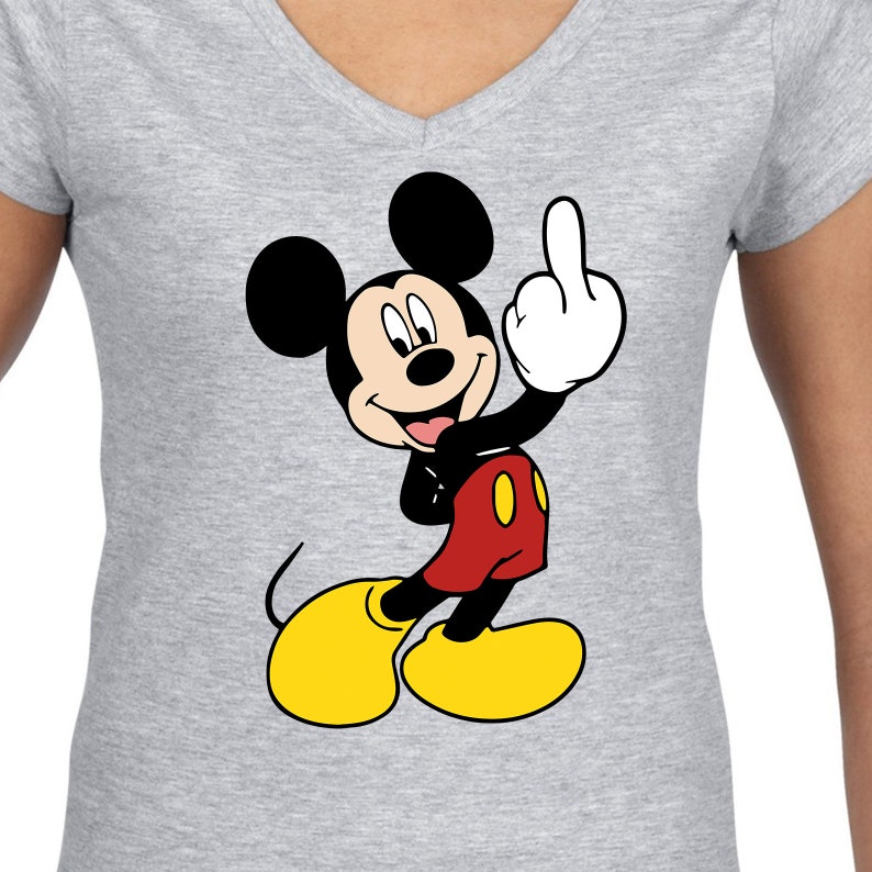 May include: A grey V-neck t-shirt featuring a cartoon image of Mickey Mouse giving the middle finger.