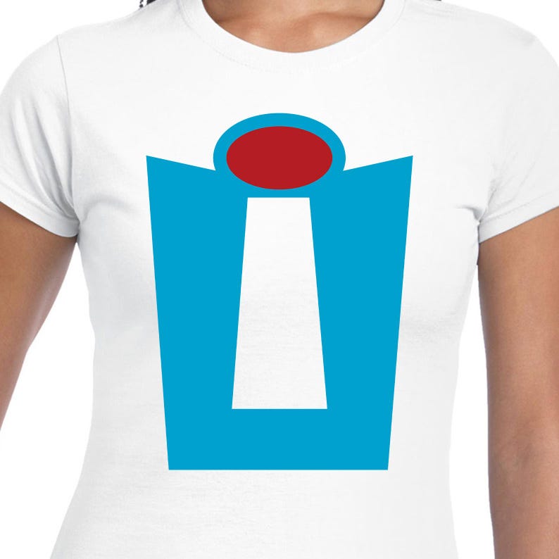 Puede incluir: Una camiseta blanca con un gr&aacute;fico azul y blanco de una puerta con un c&iacute;rculo rojo en la parte superior. El gr&aacute;fico es una representaci&oacute;n estilizada de una puerta con una cerradura.