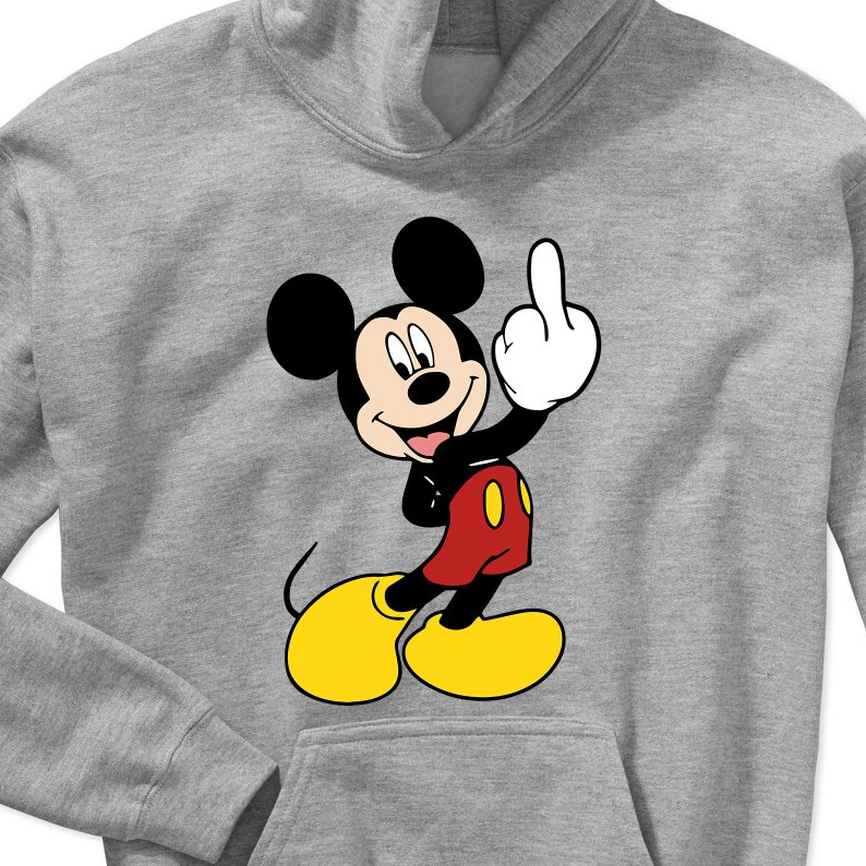 May include: A grey hoodie featuring a cartoon image of Mickey Mouse giving the middle finger. Mickey is wearing his trademark red shorts and yellow shoes.