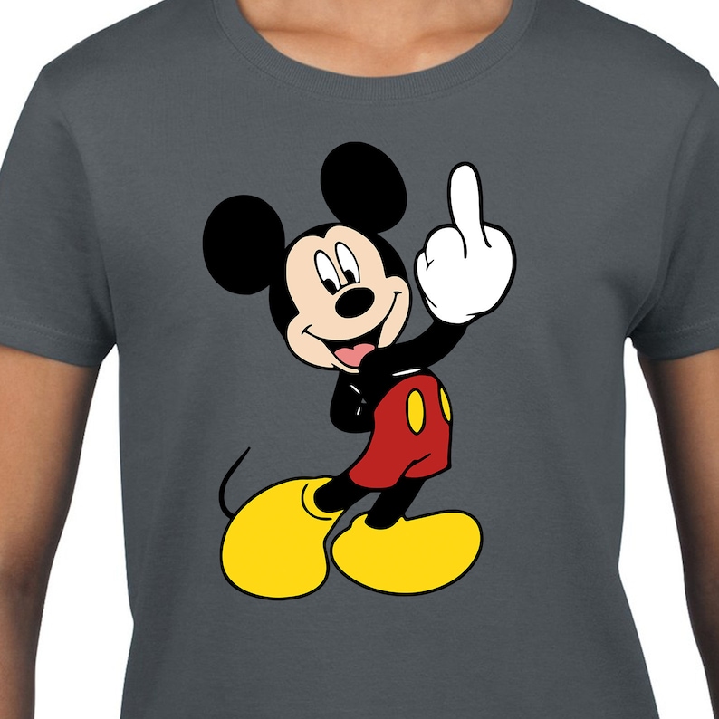 May include: A dark grey t-shirt featuring a cartoon image of Mickey Mouse giving the middle finger.