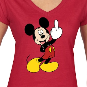 May include: Red V-neck t-shirt featuring a cartoon image of Mickey Mouse giving the middle finger.