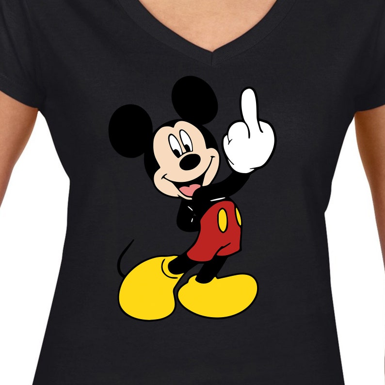 May include: Black t-shirt featuring a cartoon image of Mickey Mouse giving the middle finger.