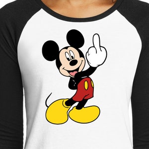 May include: A black and white cartoon image of Mickey Mouse giving the middle finger. Mickey is wearing his signature red shorts with yellow buttons and yellow shoes.