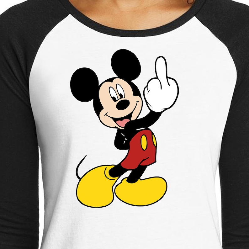 May include: A black and white cartoon image of Mickey Mouse giving the middle finger. Mickey is wearing his signature red shorts with yellow buttons and yellow shoes.