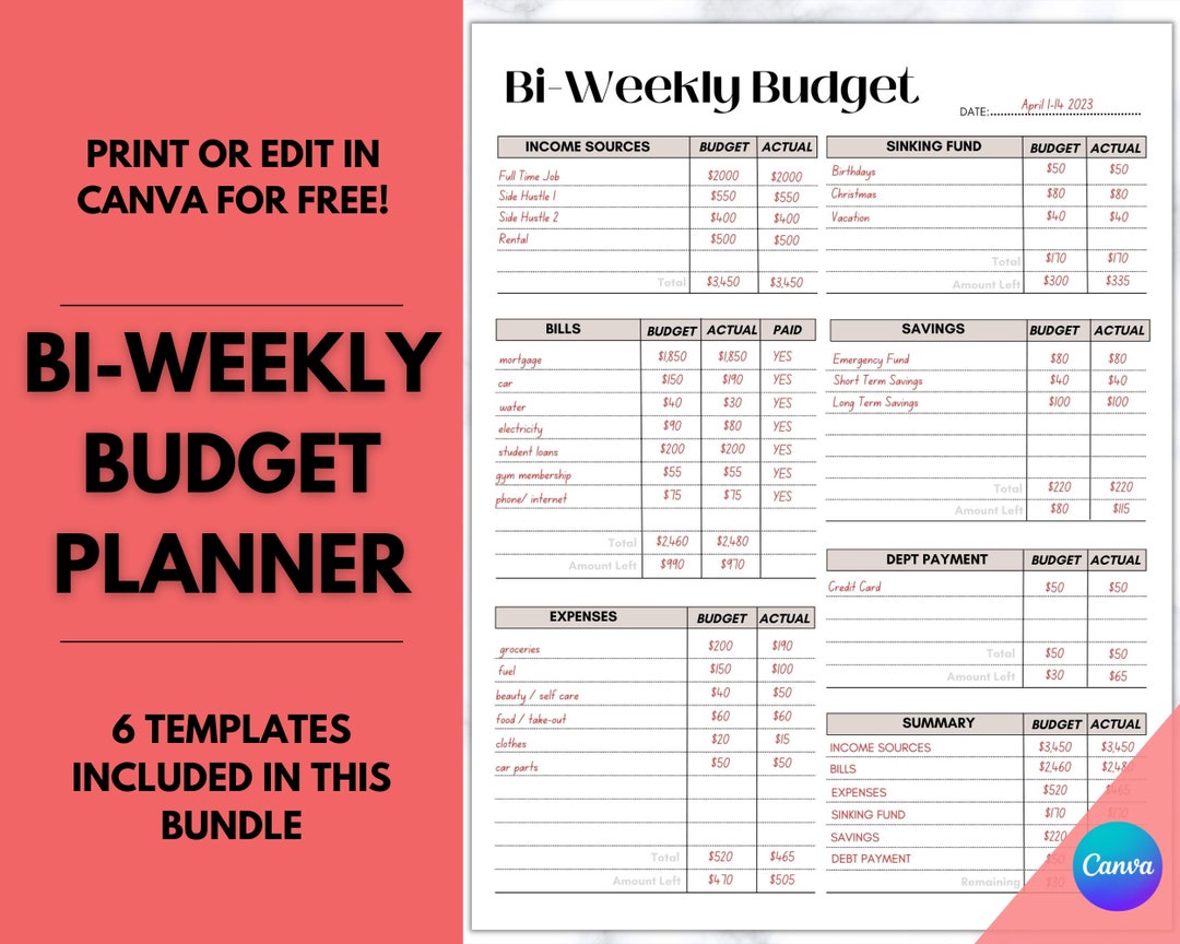 Biweekly Budget Planner, Finance Planner Printable, Editable Biweekly