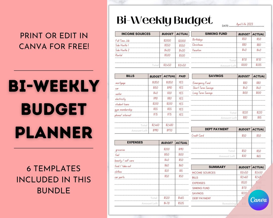 Biweekly Budget Planner, Finance Planner Printable, Editable Biweekly