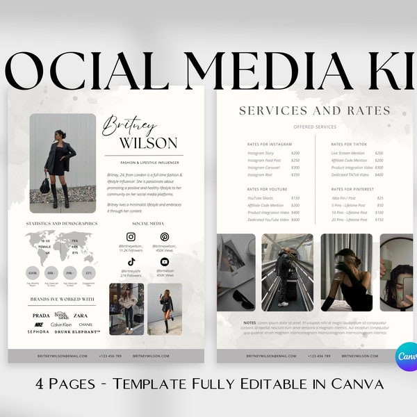 4 page Social Media Kit Template, Editable Media Kit, Influencer Media Kit, Rate Card Template, Black and White Media Kit, Influencer Card