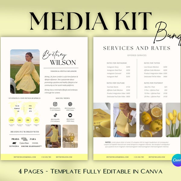 4 page Social Media Kit Template, Editable Media Kit, Influencer Media Kit, Rate Card Template, yellow aesthetic Media Kit, Influencer Card