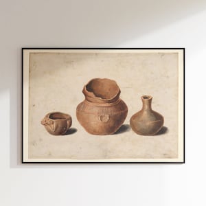 Może przedstawiać: Akwarela przedstawiająca trzy brązowe naczynia ceramiczne. Największe naczynie jest pęknięte i odpryskane. Najmniejsze naczynie ma dzióbek przypominający ptaka. Naczynia są ułożone w rzędzie na jasnobrązowym tle.