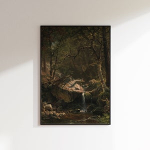 May include: A painting of a forest scene with a small waterfall cascading over rocks. The trees are mostly green with some brown leaves. The light is dappled and creates a sense of depth.