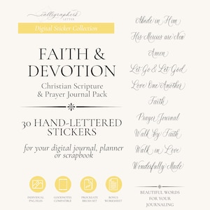 May include: A digital sticker collection titled Faith & Devotion featuring 30 hand-lettered Christian scripture and prayer journal phrases in black text on a cream background, including individual PNG files and a Procreate brush set.