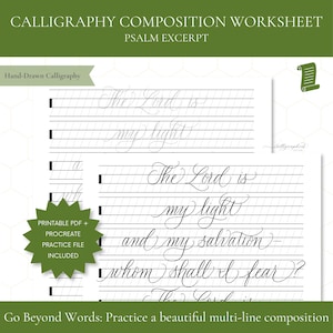 Op de afbeelding: Een kalligrafie-oefenblad met een psalmfragment met de tekst The Lord is my light and my salvation—whom shall I fear? Het document bevat oefenlijnen en een groen ster-vormig label met de tekst Printable PDF + Procreate Practice File Included.